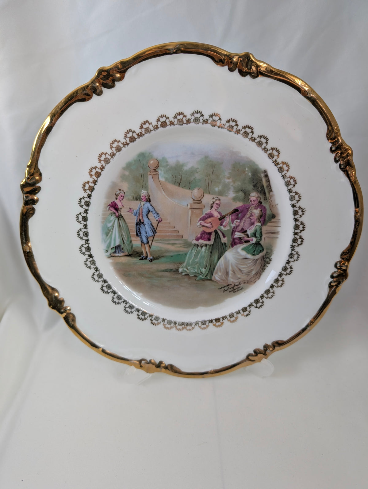 Pair Vintage Regency Bone China Courting Couple Plates Fragonard Rococo Gold Gilt Pierced Rim Cabinet Display Plates, Gilded French