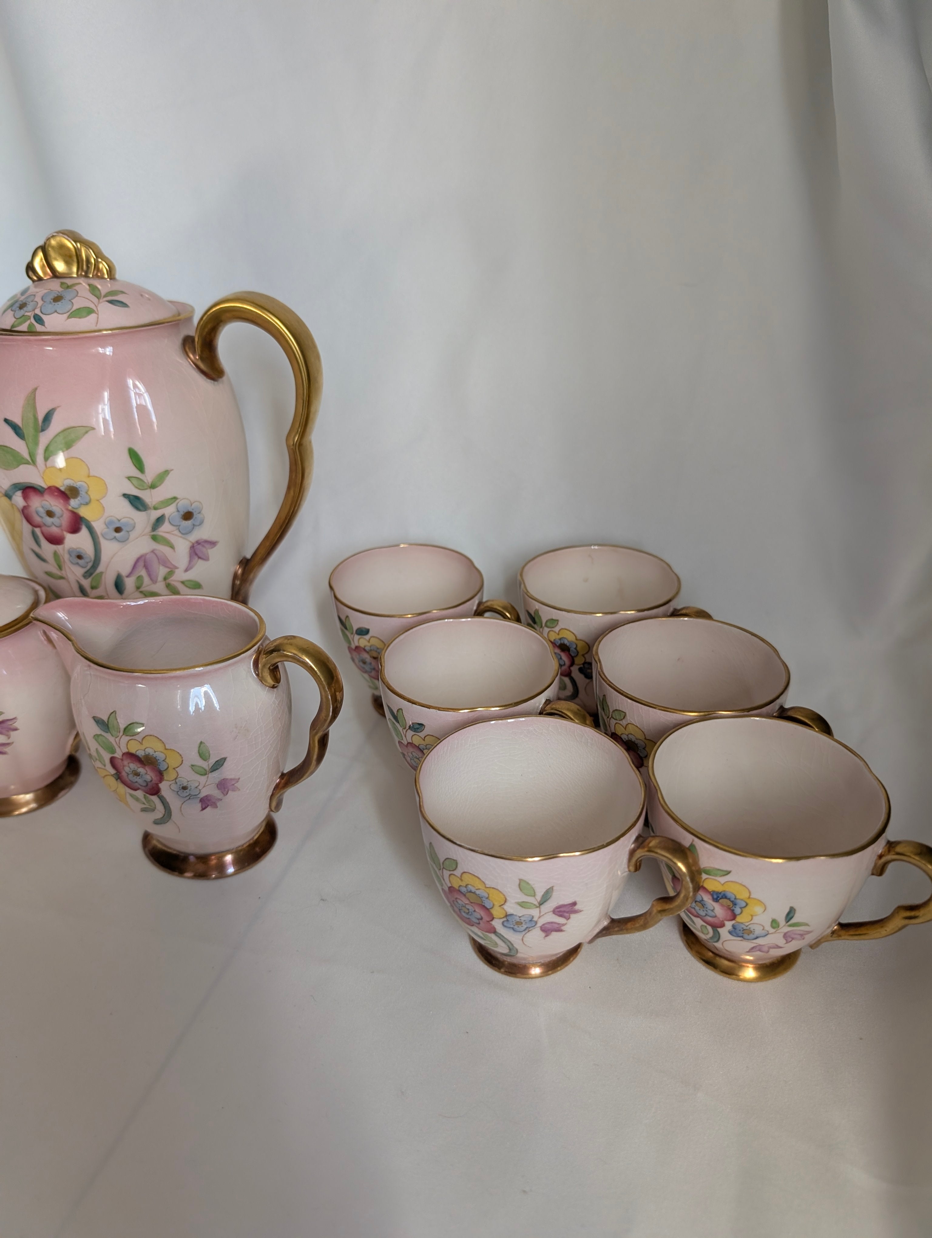 Vintage Pink Luster Coffee Set, Hand Painted Floral Teapot Milk Jug Sugar Bowl & 6 Demitasse Cups, Cottagecore Afternoon Tea Set 1930s 1940s
