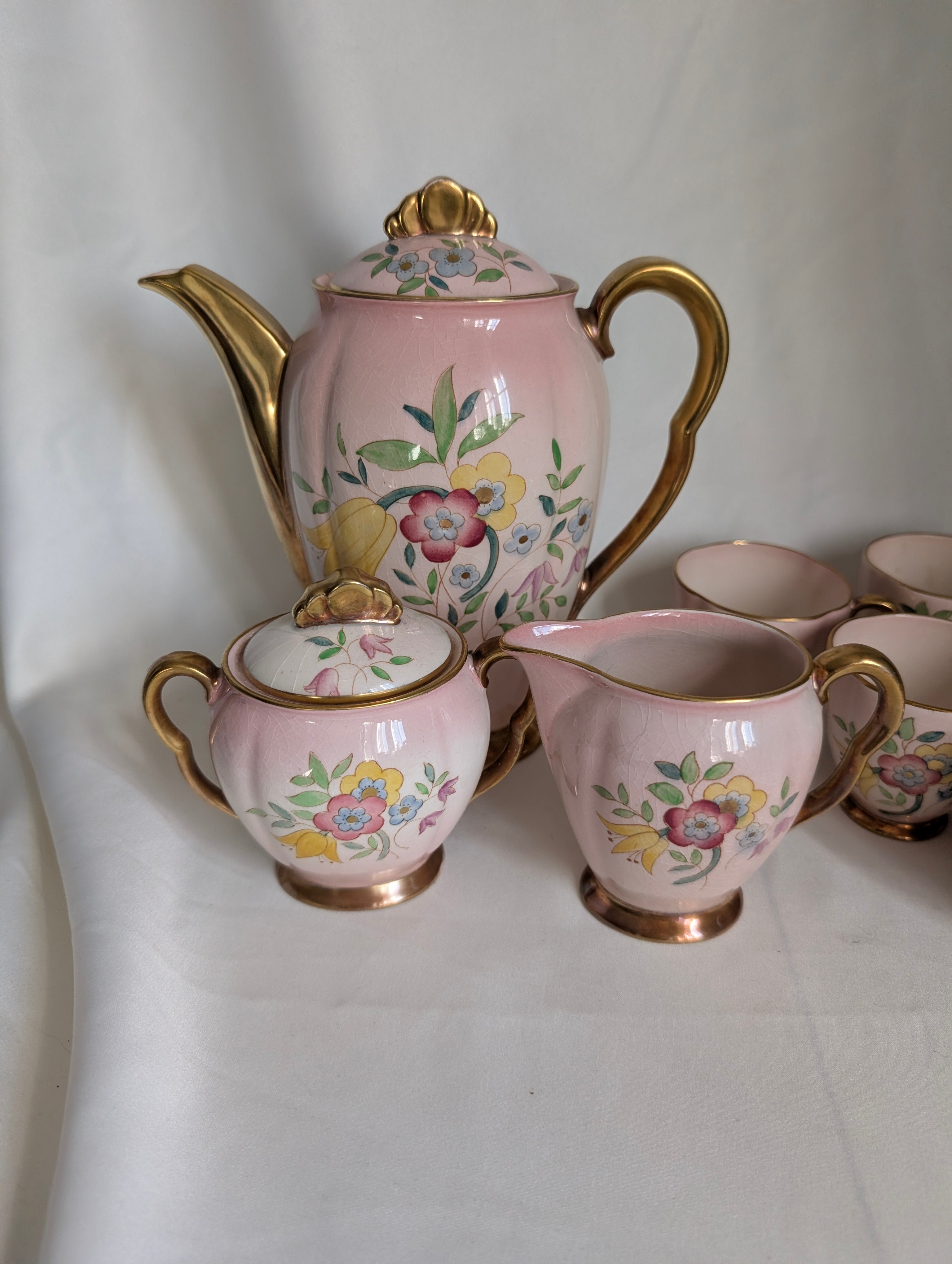 Vintage Pink Luster Coffee Set, Hand Painted Floral Teapot Milk Jug Sugar Bowl & 6 Demitasse Cups, Cottagecore Afternoon Tea Set 1930s 1940s