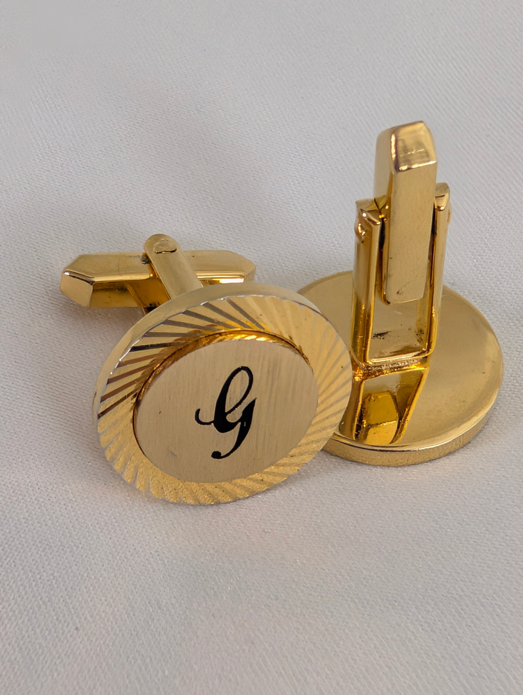 Vintage Gold Tone Initial G Cufflinks, Sunburst Etched Round Monogram Cuff Links, Mid Century Groom Wedding Gift