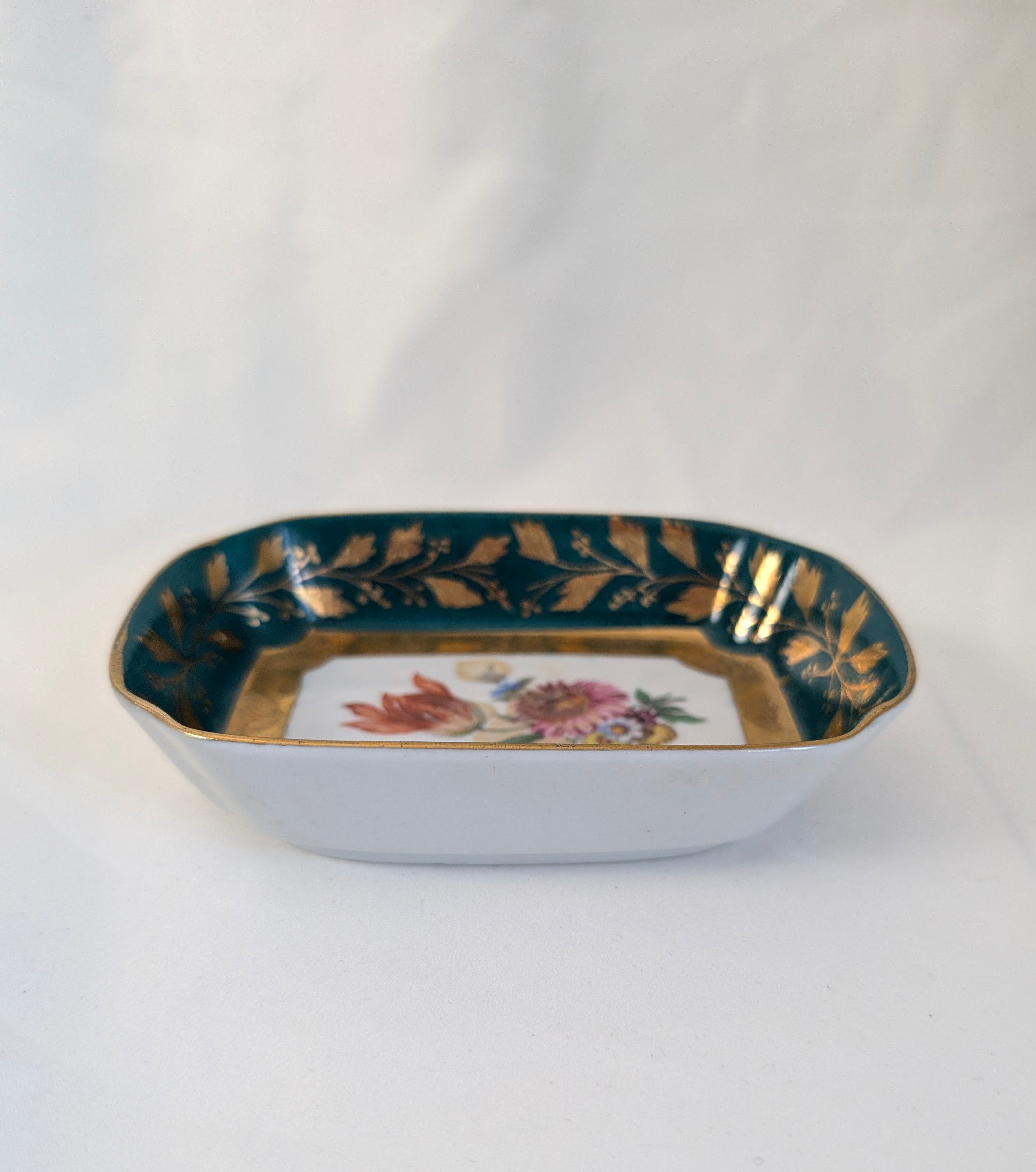 Vintage Porcelaine Royale Emerald Green Trinket Dish Floral Floral Gold Gilt Ring Dish Vanity Decor