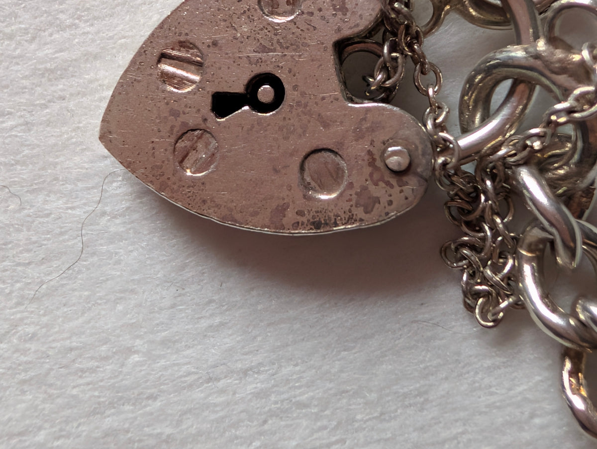 Vintage Sterling Silver Charm Bracelet Heart Padlock Clasp, 5 Silver Charms Elephant Rocking Chair Abacus Spinning Wheel Clogs, 925 Curb