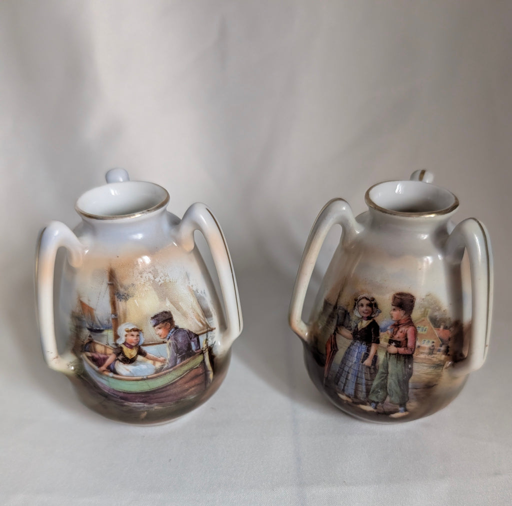 Antique Royal Bayreuth Bavaria Dutch Children Vases Pair Hand Painted Scene