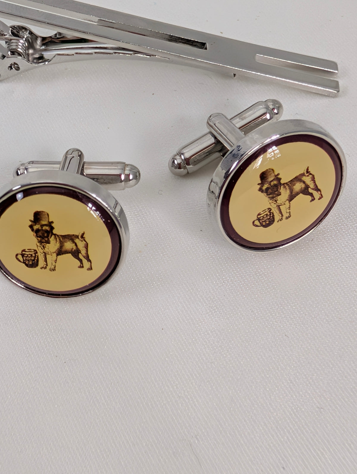 Vintage Style Bulldog Cufflinks and Tie Clip Set, Novelty Mens Dog Cufflinks Tie Bar Gift Boxed, Silver Tone Groom Groomsmen Wedding
