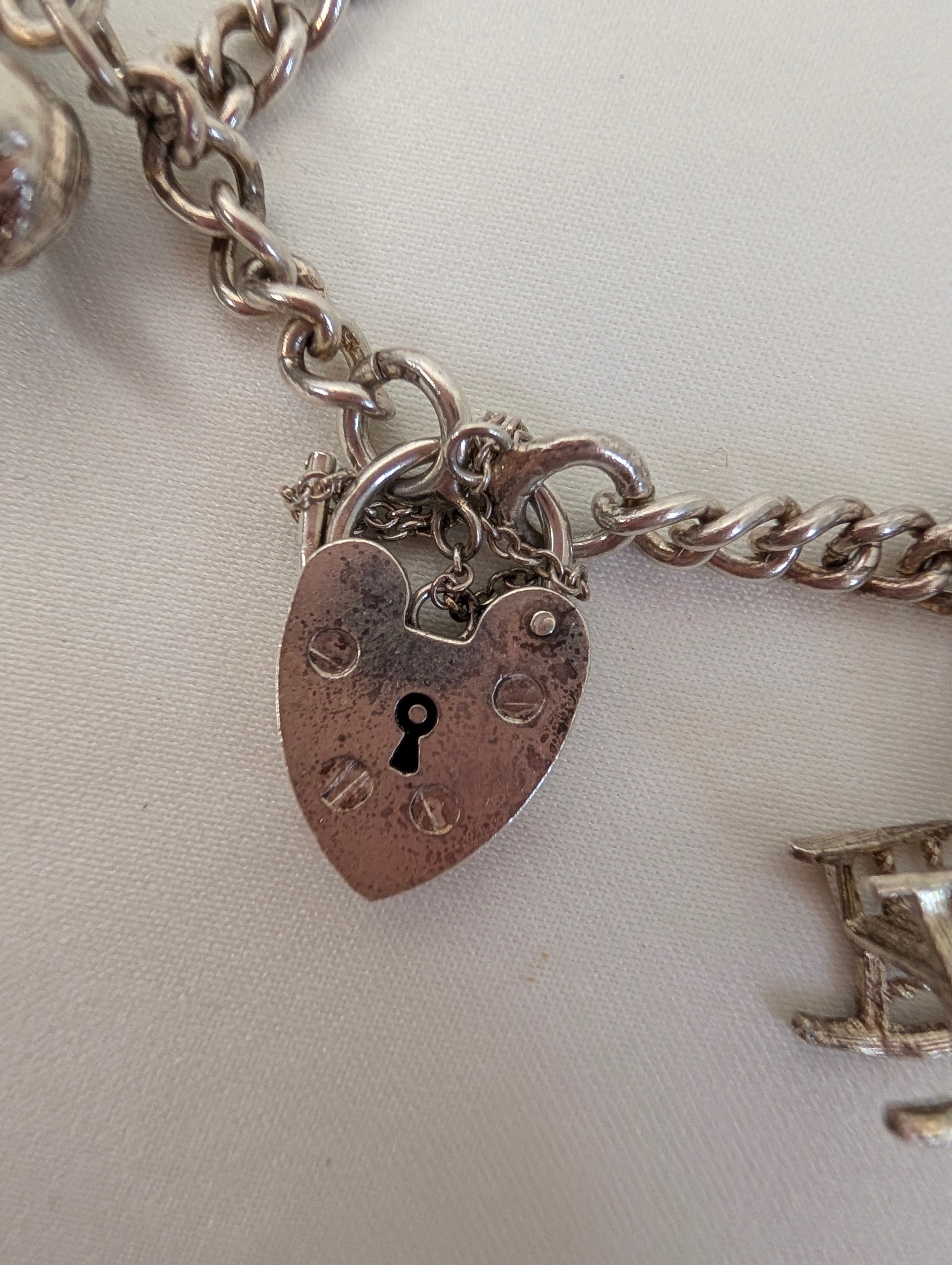 Vintage Sterling Silver Charm Bracelet Heart Padlock Clasp, 5 Silver Charms Elephant Rocking Chair Abacus Spinning Wheel Clogs, 925 Curb Link