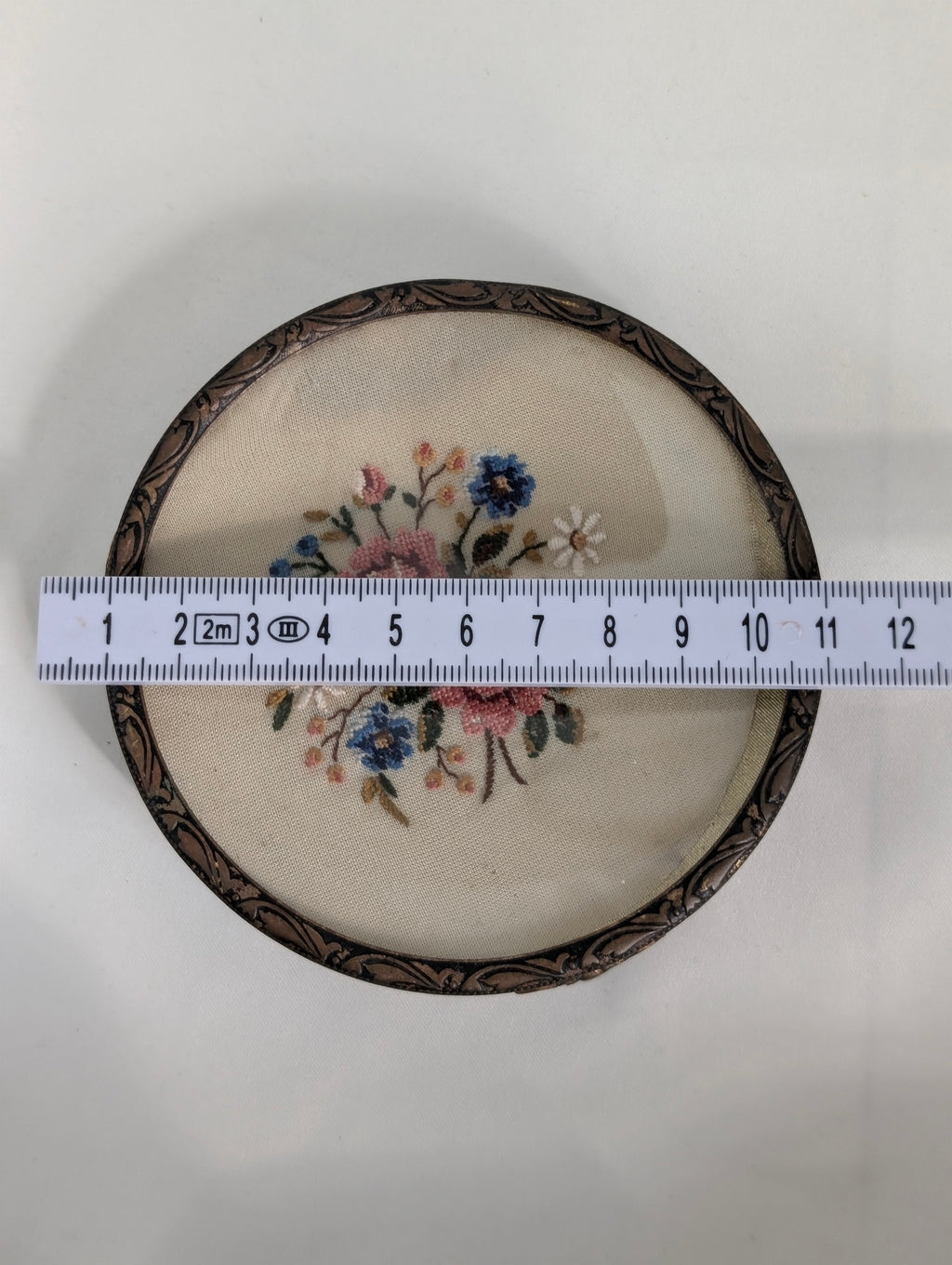 Vintage Embroidered Petit Point Dressing Table Tray, Gilt Ormolu Footed Vanity Trinket Dish, Glass Floral Coaster