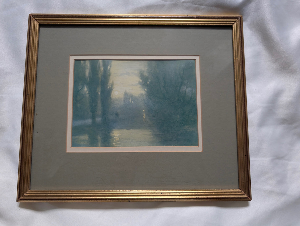 Antique Tonalist Nocturne River Landscape Print (Circa 1917) – Misty Moonlit River & Silhouetted Trees in Fluted Gilt Frame