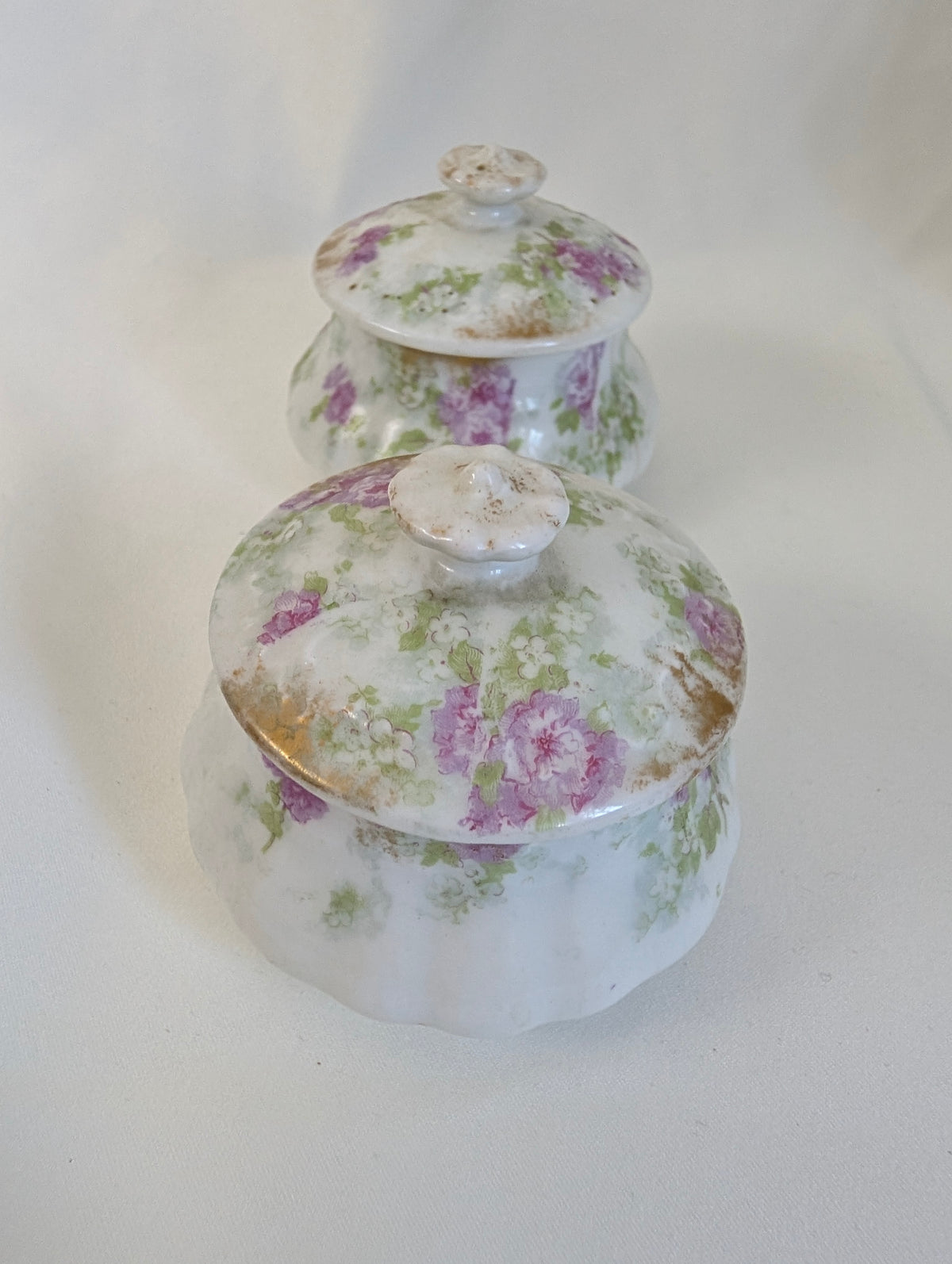 Antique Limoges Porcelain Vanity Set 4 Piece, French W.G. & Co Floral Vanity Bundle, Candlestick Bud Vase Lidded Trinket Pots