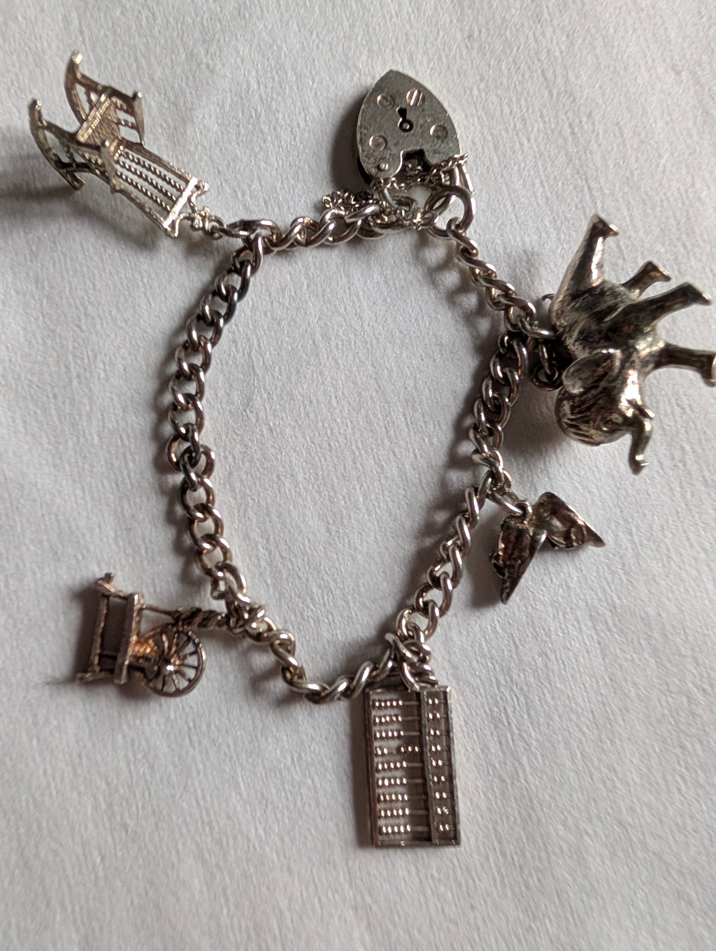 Vintage Sterling Silver Charm Bracelet Heart Padlock Clasp, 5 Silver Charms Elephant Rocking Chair Abacus Spinning Wheel Clogs, 925 Curb