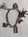 Vintage Sterling Silver Charm Bracelet Heart Padlock Clasp, 5 Silver Charms Elephant Rocking Chair Abacus Spinning Wheel Clogs, 925 Curb
