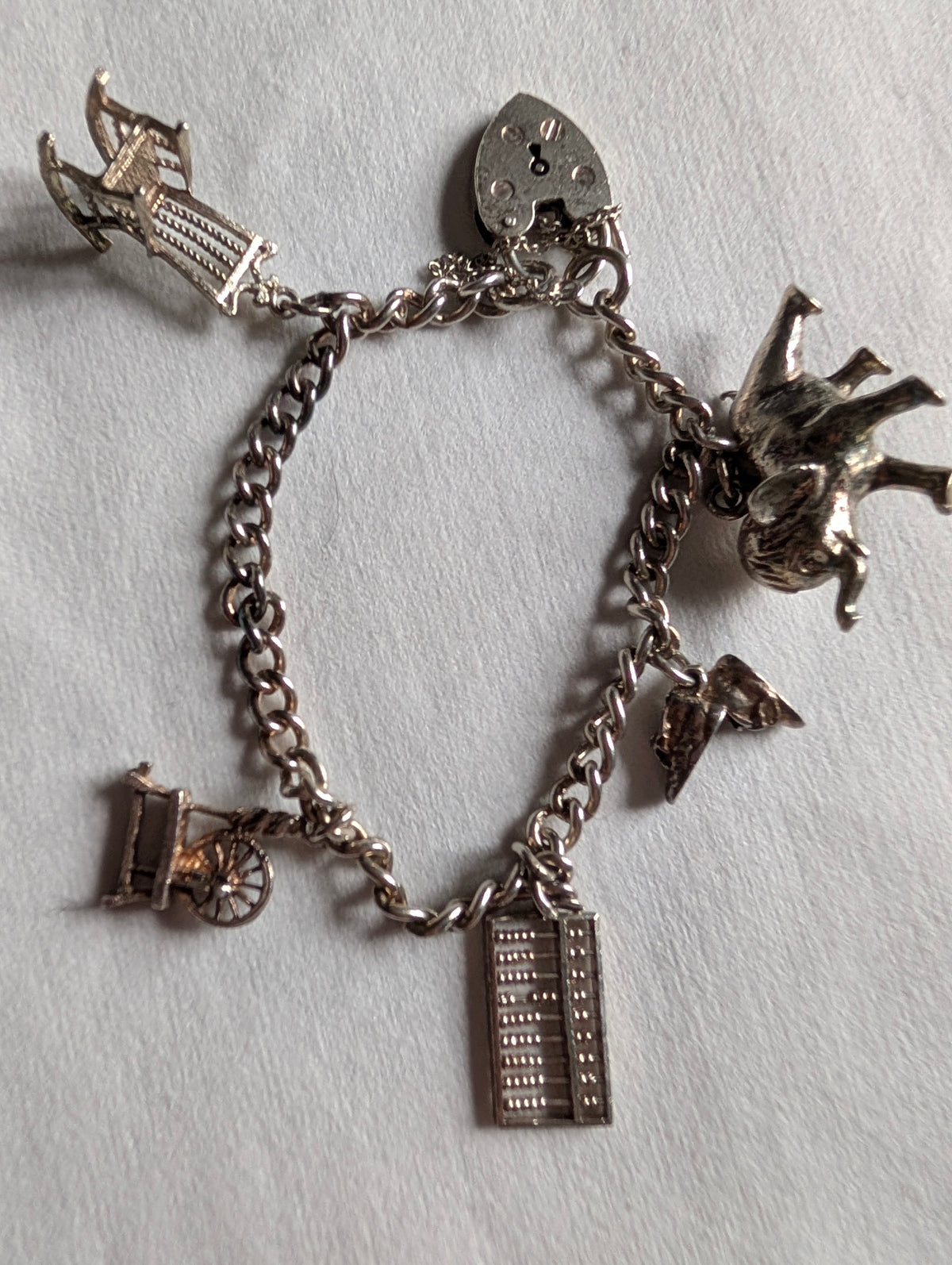 Vintage Sterling Silver Charm Bracelet Heart Padlock Clasp, 5 Silver Charms Elephant Rocking Chair Abacus Spinning Wheel Clogs, 925 Curb