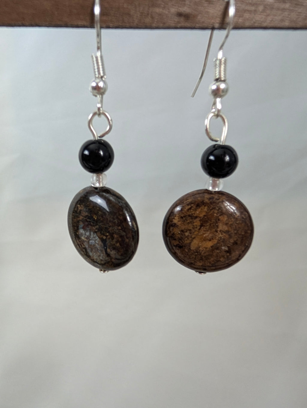 Bronzite and Black Onyx Earrings, Handmade Gemstone Drop Earrings, Natural Earthy Brown Stone Dangle Earrings, Bohemian Gift for Her