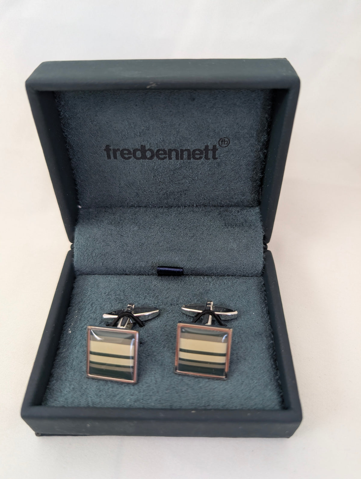 Fred Bennett Cufflinks, Silver Tone Striped Enamel Square Cufflinks, Designer Mens Suit Accessories, Groomsman Father of the Bride Gift