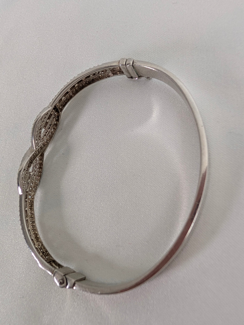 Vintage 925 Sterling Silver Bangle Bracelet, Sparkling Pave CZ Crossover Hinged Bangle, Bridal Evening Cuff,