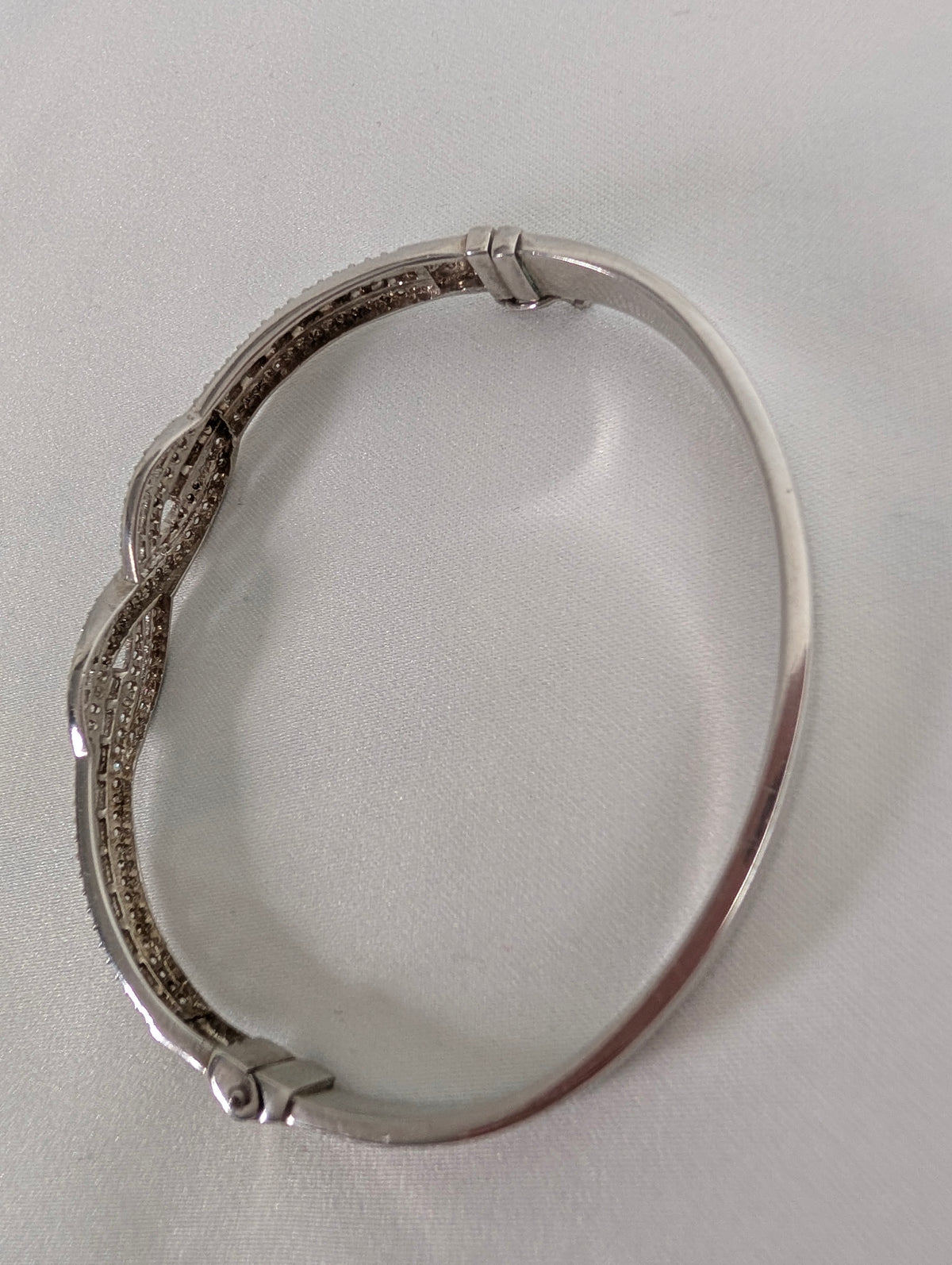 Vintage 925 Sterling Silver Bangle Bracelet, Sparkling Pave CZ Crossover Hinged Bangle, Bridal Evening Cuff,