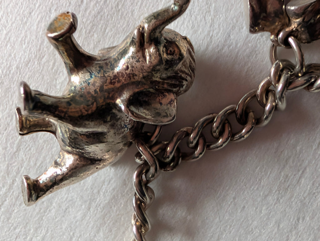 Vintage Sterling Silver Charm Bracelet Heart Padlock Clasp, 5 Silver Charms Elephant Rocking Chair Abacus Spinning Wheel Clogs, 925 Curb