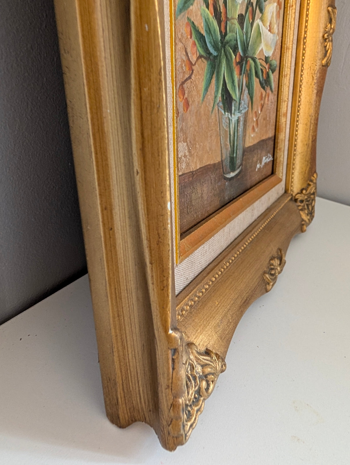 Vintage Floral Oil Painting in Ornate Gilt Frame, White Calla Lily Still Life Canvas, Signed W Mirkin Rococo Gold Frame Botanical Wall Art