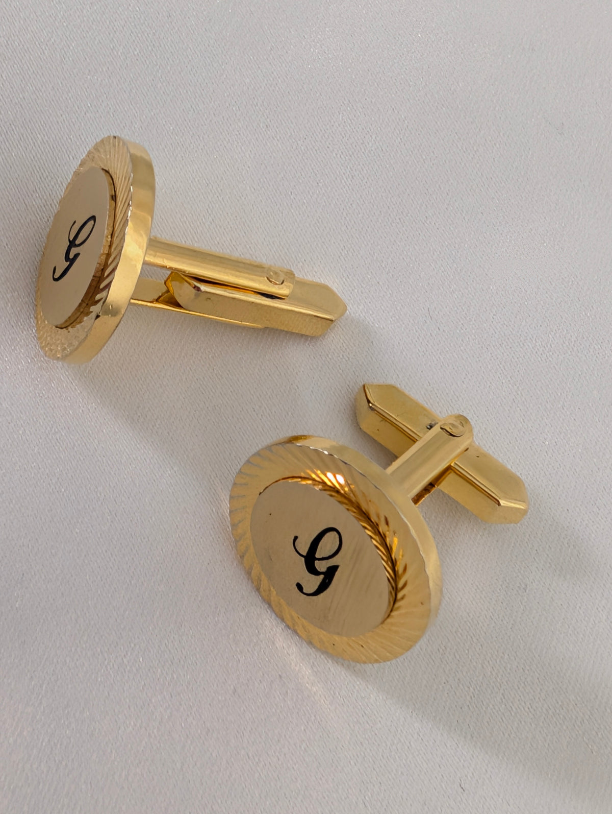 Vintage Gold Tone Initial G Cufflinks, Sunburst Etched Round Monogram Cuff Links, Mid Century Groom Wedding Gift