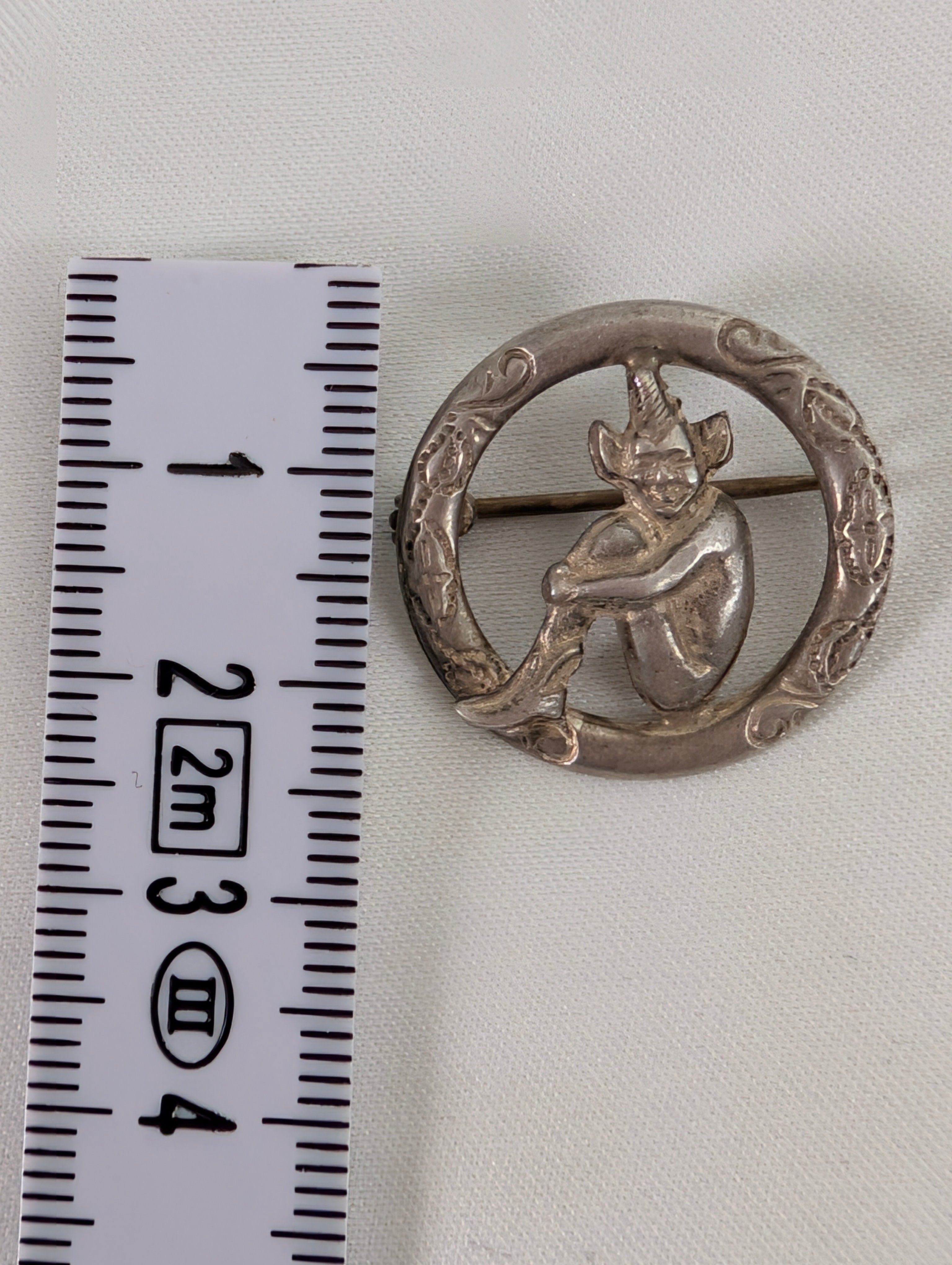Vintage Lincoln Imp Brooch Silver, Antique Mythical Pixie Gargoyle Pin, Celtic Ring Folklore Lucky Talisman