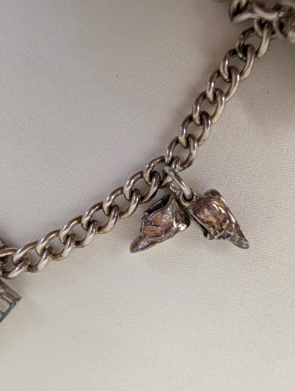 Vintage Sterling Silver Charm Bracelet Heart Padlock Clasp, 5 Silver Charms Elephant Rocking Chair Abacus Spinning Wheel Clogs, 925 Curb Link