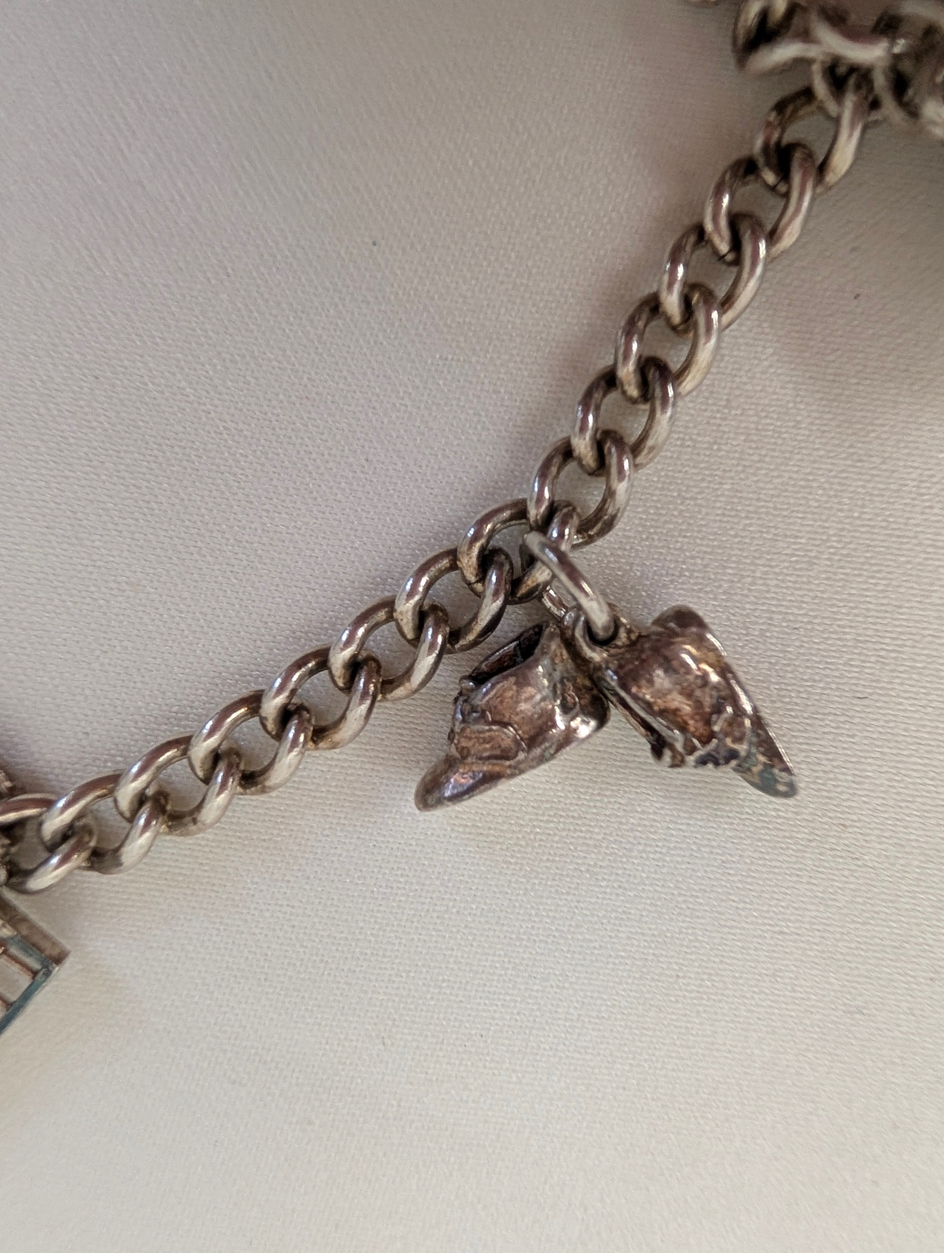 Vintage Sterling Silver Charm Bracelet Heart Padlock Clasp, 5 Silver Charms Elephant Rocking Chair Abacus Spinning Wheel Clogs, 925 Curb Link
