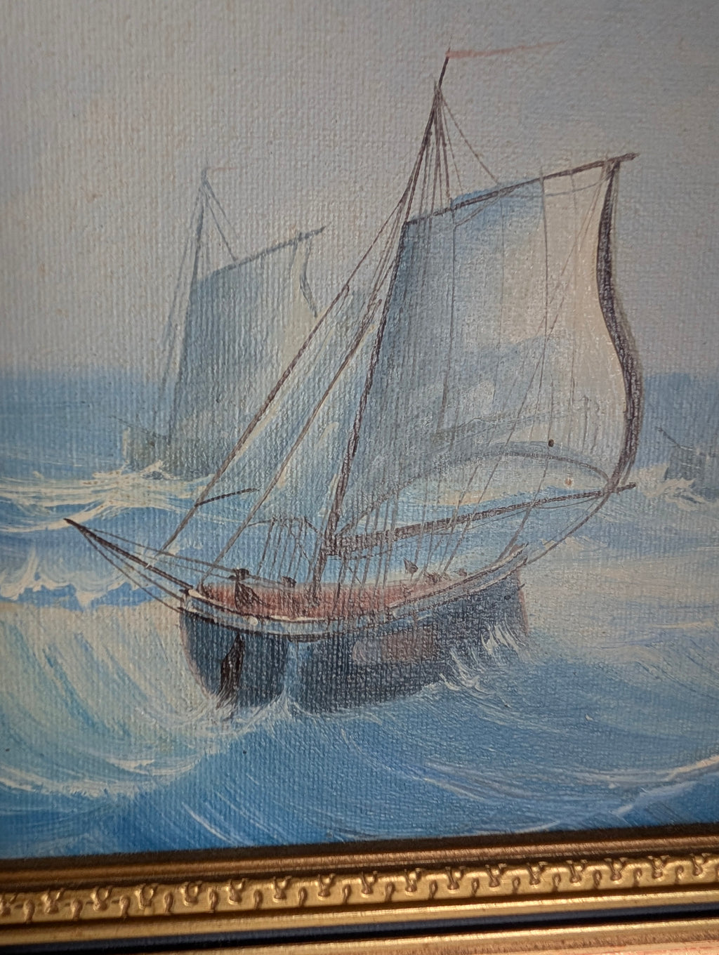 Vintage Framed Maritime Seascape Oil Painting Signed Baillie | Nautical Sailing Ship Ocean Canvas Board Art | Gilded Gold Frame Coastal Wall