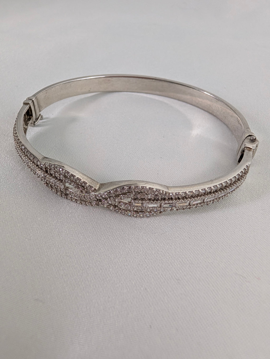 Vintage 925 Sterling Silver Bangle Bracelet, Sparkling Pave CZ Crossover Hinged Bangle, Bridal Evening Cuff,