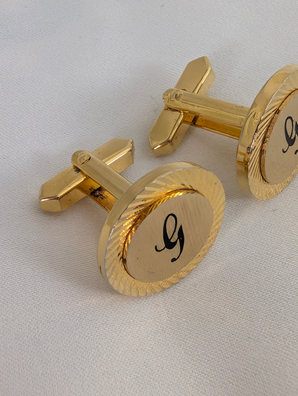 Vintage Gold Tone Initial G Cufflinks, Sunburst Etched Round Monogram Cuff Links, Mid Century Groom Wedding Gift