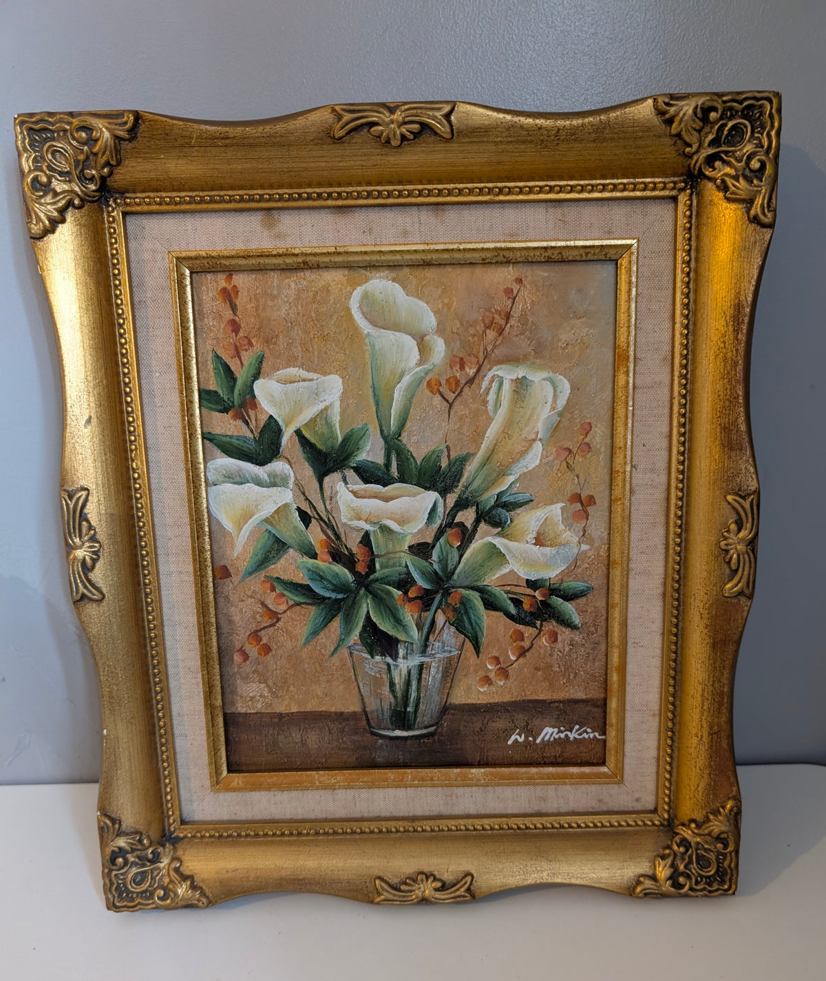 Vintage Floral Oil Painting in Ornate Gilt Frame, White Calla Lily Still Life Canvas, Signed W Mirkin Rococo Gold Frame Botanical Wall Art