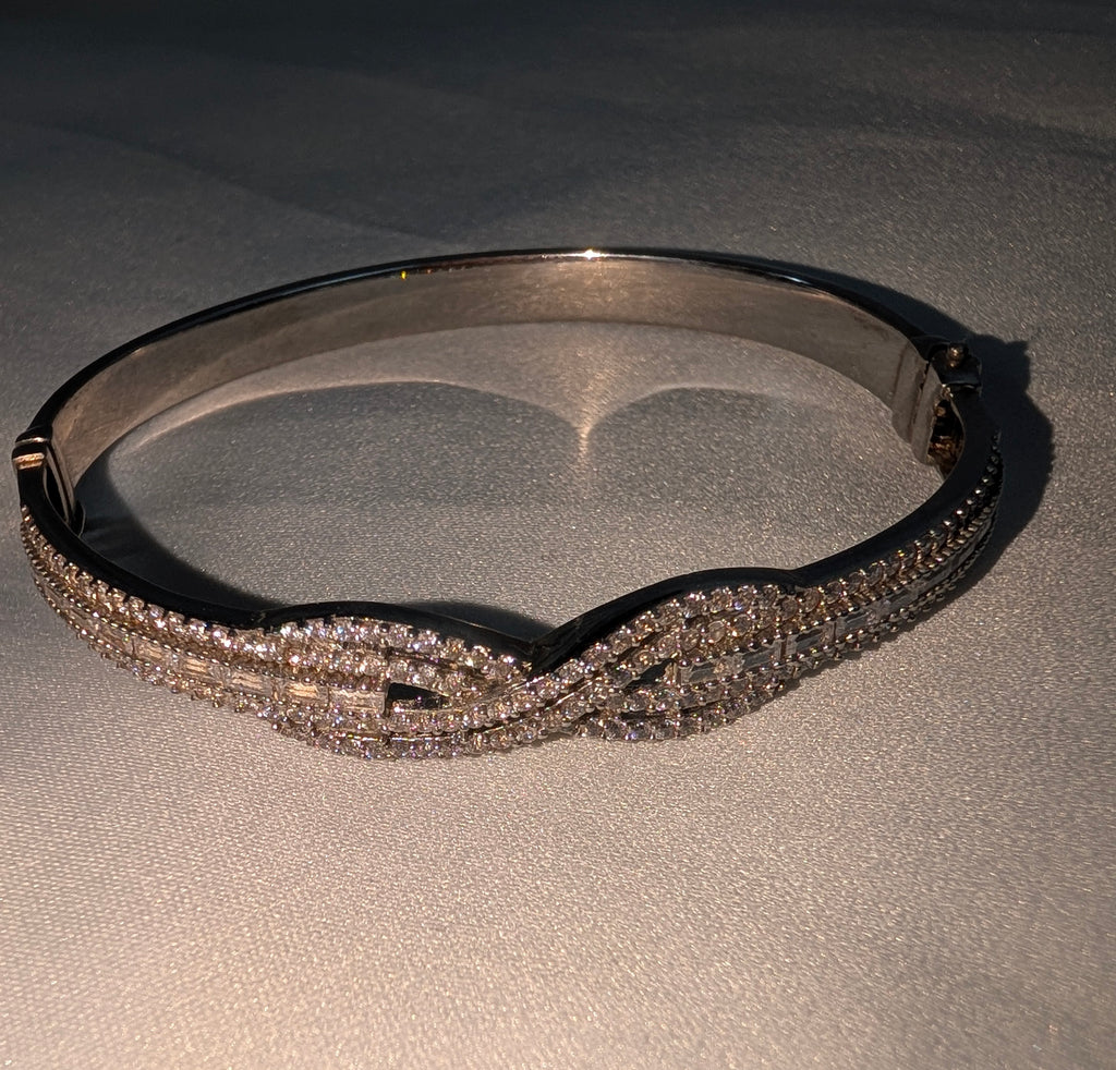 Vintage 925 Sterling Silver Bangle Bracelet, Sparkling Pave CZ Crossover Hinged Bangle, Bridal Evening Cuff,