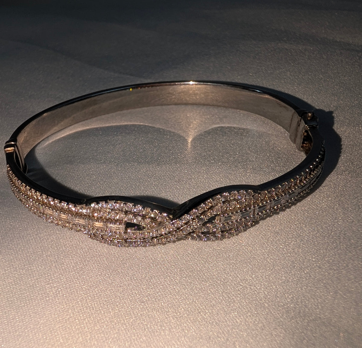 Vintage 925 Sterling Silver Bangle Bracelet, Sparkling Pave CZ Crossover Hinged Bangle, Bridal Evening Cuff,
