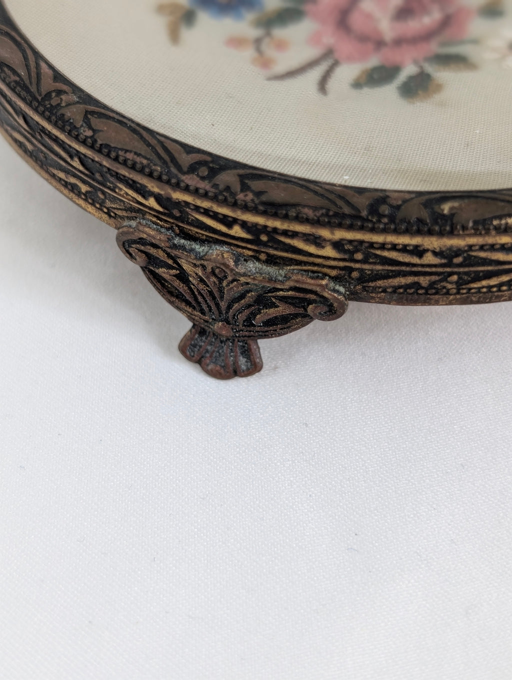 Vintage Embroidered Petit Point Dressing Table Tray, Gilt Ormolu Footed Vanity Trinket Dish, Glass Floral Coaster