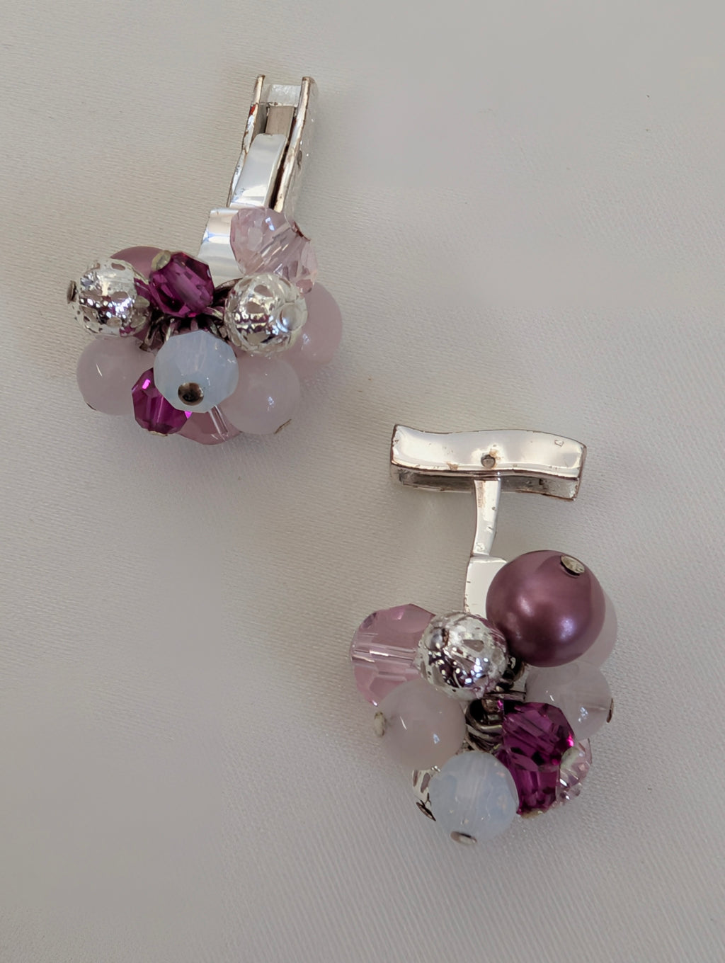 Vintage TM Lewin Beaded Cluster Cufflinks, Pink & Purple Crystal Glass Pearl Cuff Links, Elegant Formal Evening Wedding Groom Cufflinks
