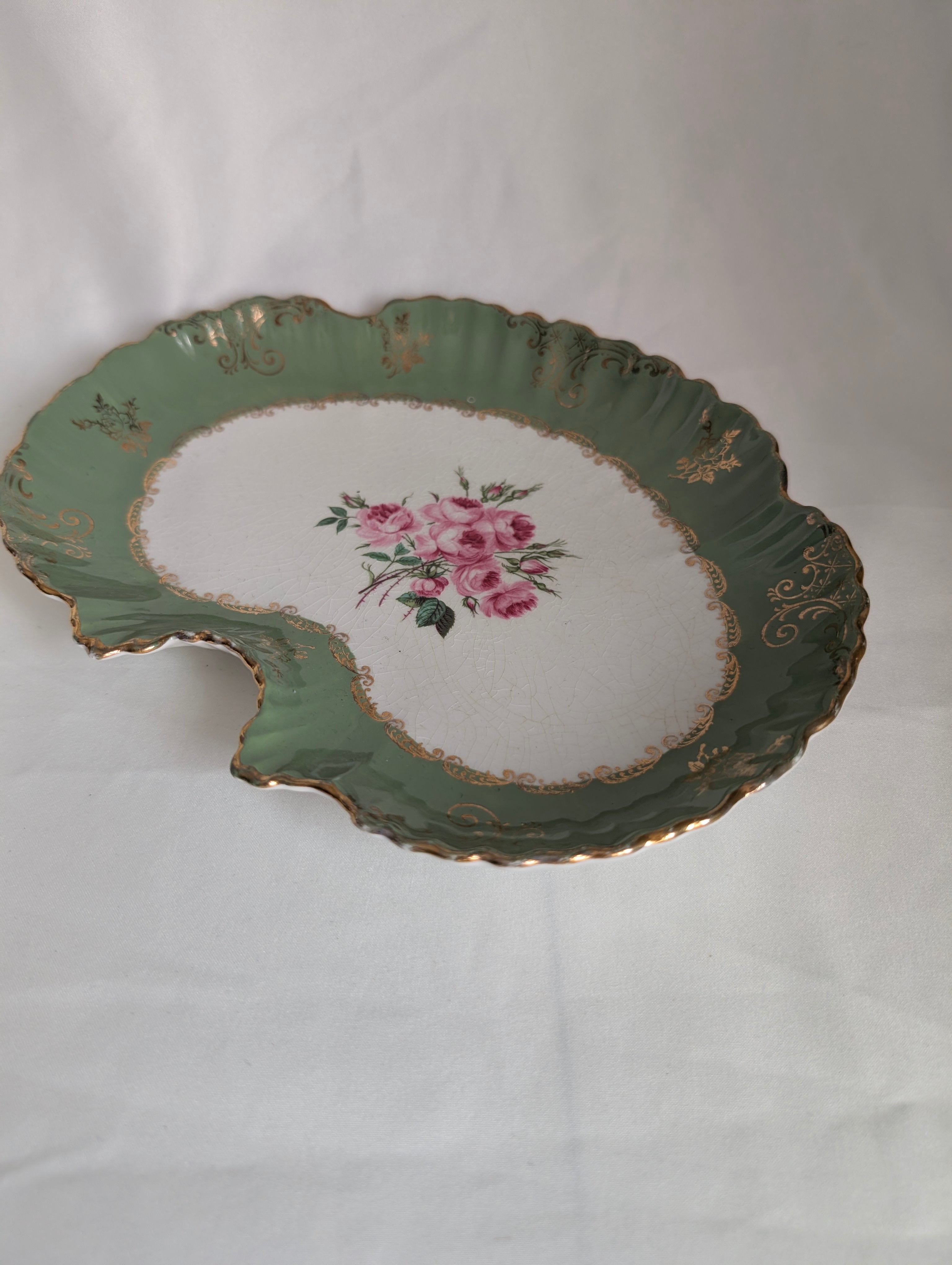 Vintage Old Foley James Kent Bone Dish, Kidney Shaped Sage Green Floral Tray, Pink Rose Gold Gilt Staffordshire Porcelain, Vanity Trinket