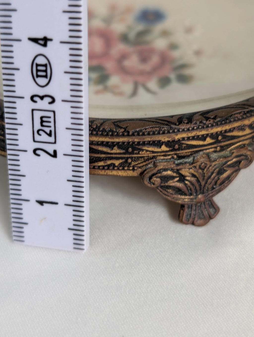 Vintage Embroidered Petit Point Dressing Table Tray, Gilt Ormolu Footed Vanity Trinket Dish, Glass Floral Coaster