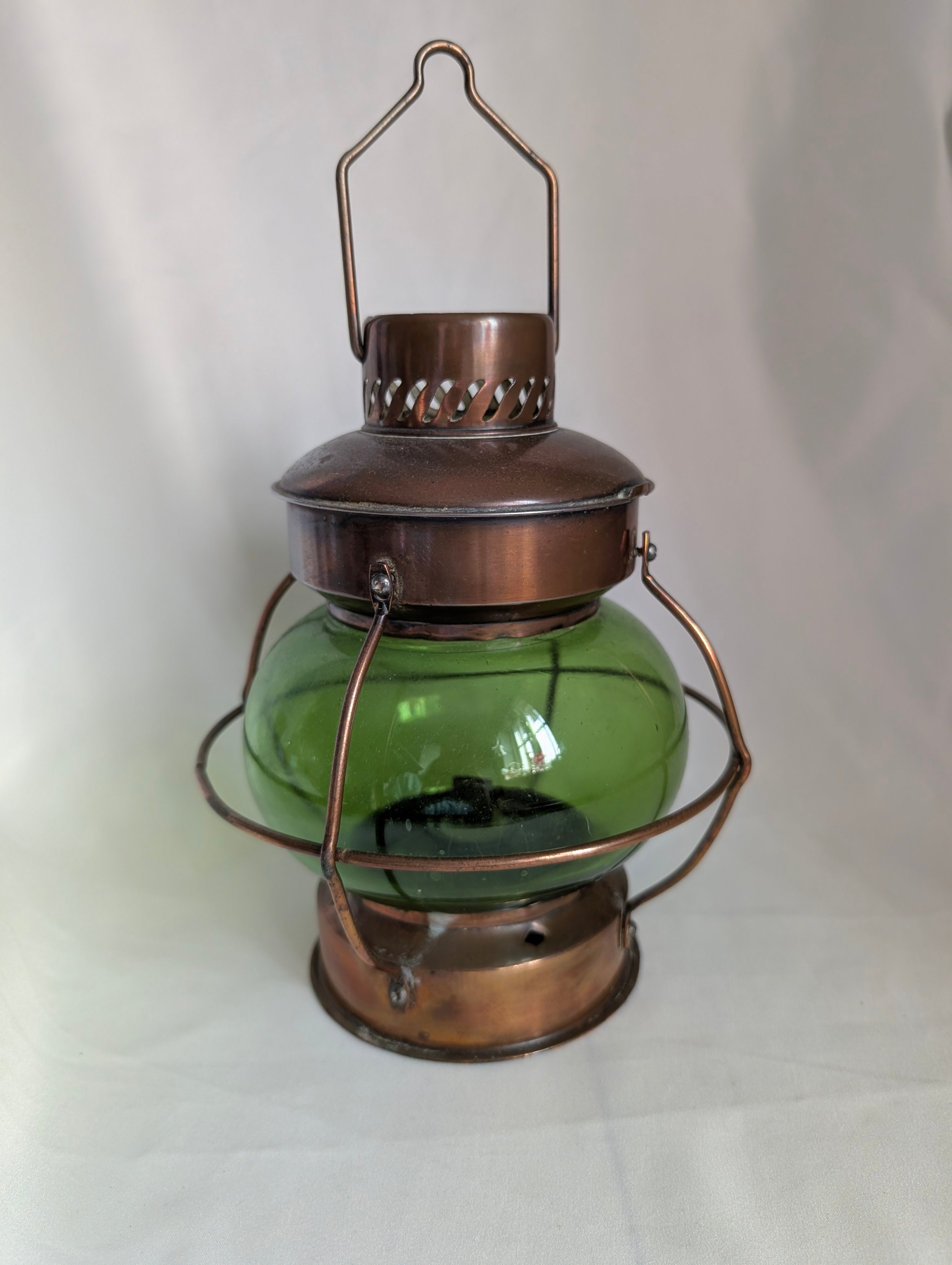 Vintage Copper Nautical Lantern Green Glass Globe, Ship Onion Lamp Hurricane Oil Lantern, Maritime Coastal Home Decor