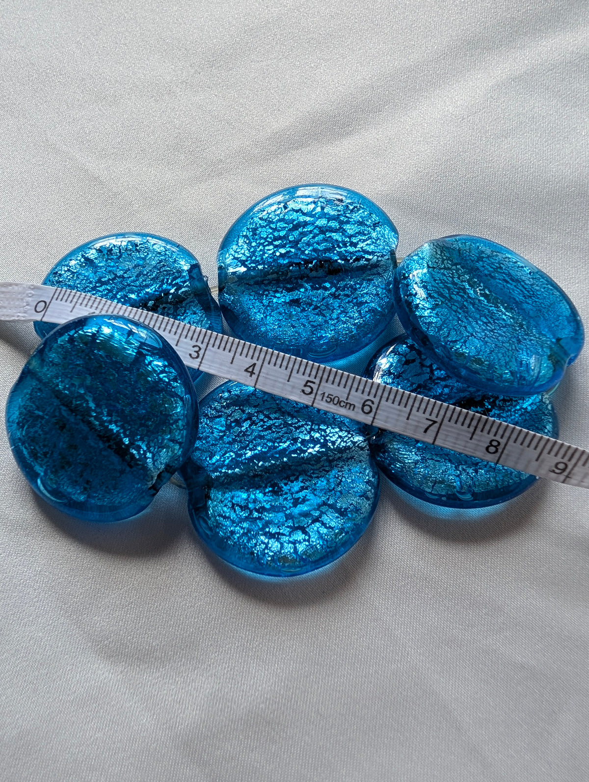 Vintage Murano Style Art Glass Foil Bead Stretch Bracelet, Cobalt Aqua Blue Glass Disc Bracelet, Chunky Statement Jewellery