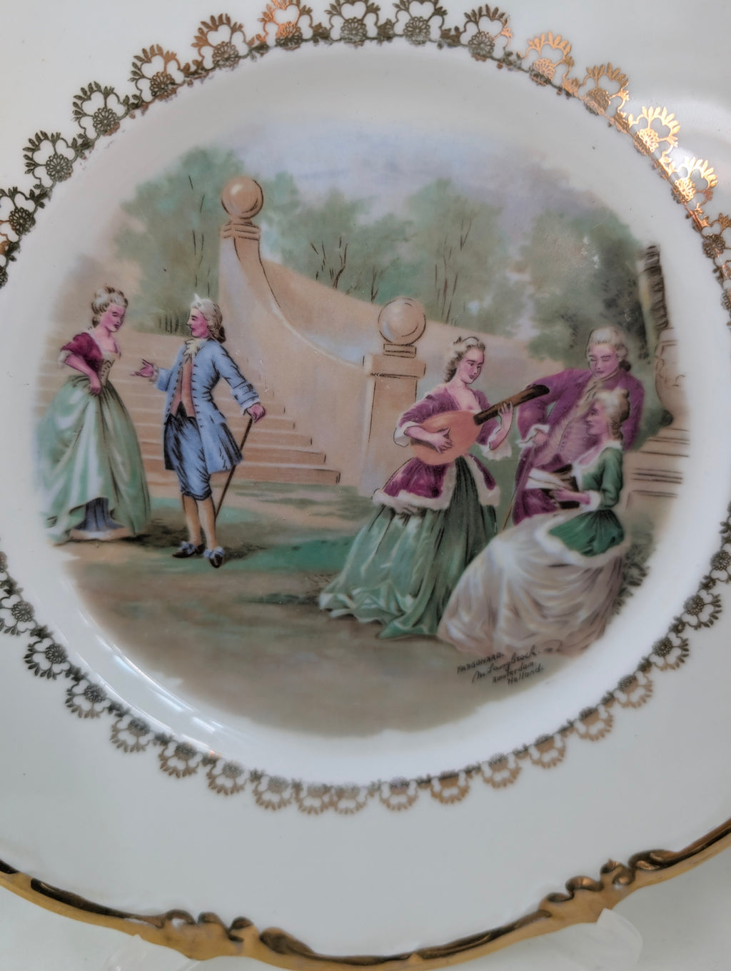 Pair Vintage Regency Bone China Courting Couple Plates Fragonard Rococo Gold Gilt Pierced Rim Cabinet Display Plates, Gilded French