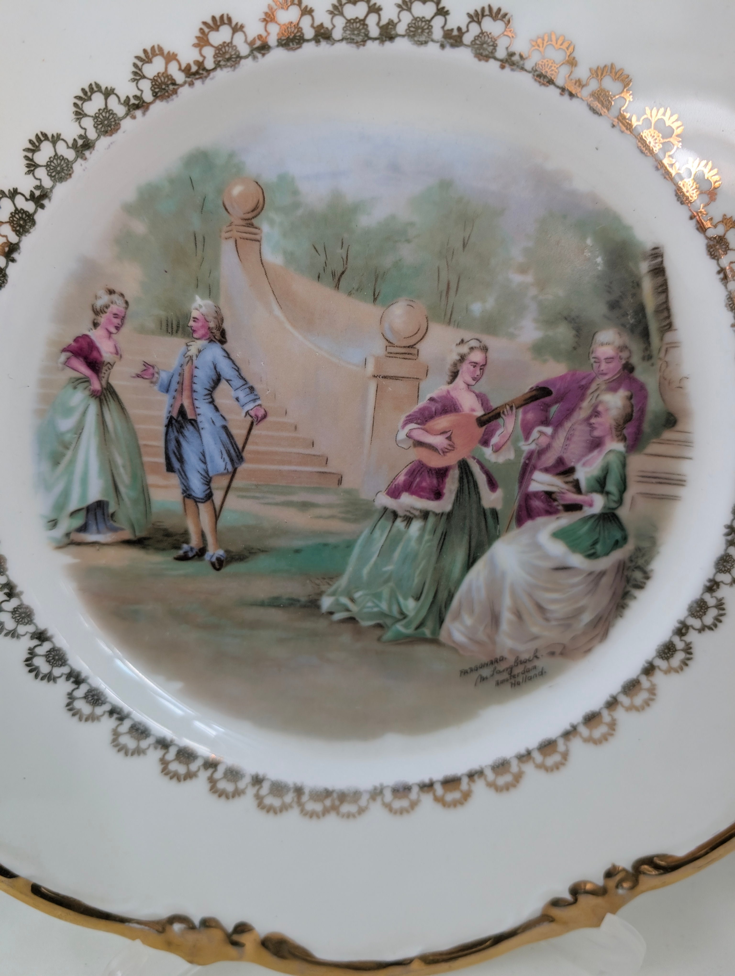 Pair Vintage Regency Bone China Courting Couple Plates Fragonard Rococo Gold Gilt Pierced Rim Cabinet Display Plates, Gilded French