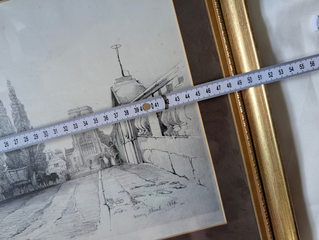 1838 Henry Blunt Architectural Lithograph 'The English Bridge, Shrewsbury' – Framed Early Victorian Townscape in Gilt Wood Frame