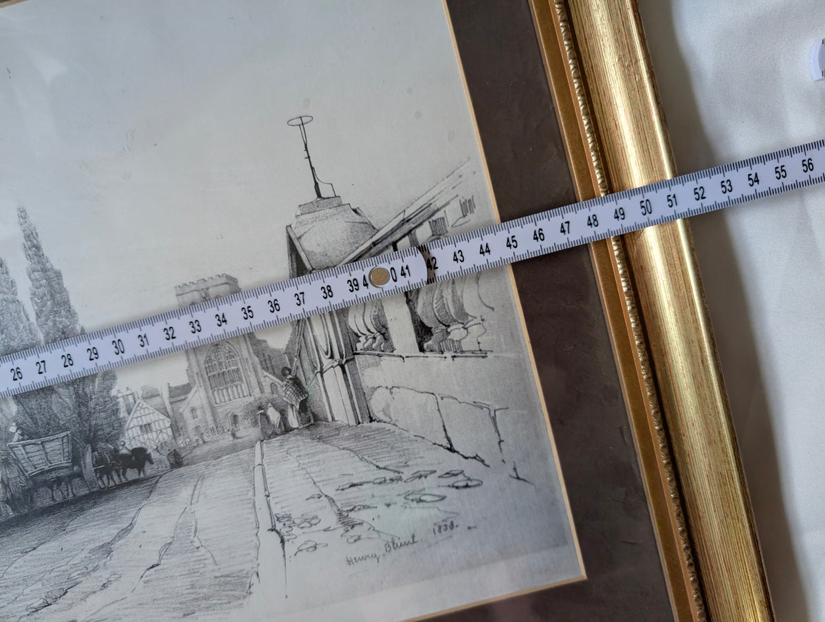 1838 Henry Blunt Architectural Lithograph 'The English Bridge, Shrewsbury' – Framed Early Victorian Townscape in Gilt Wood Frame
