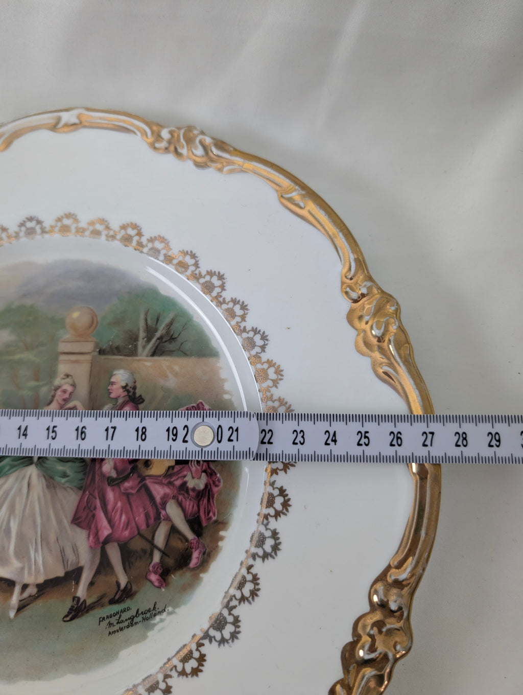 Pair Vintage Regency Bone China Courting Couple Plates Fragonard Rococo Gold Gilt Pierced Rim Cabinet Display Plates, Gilded French