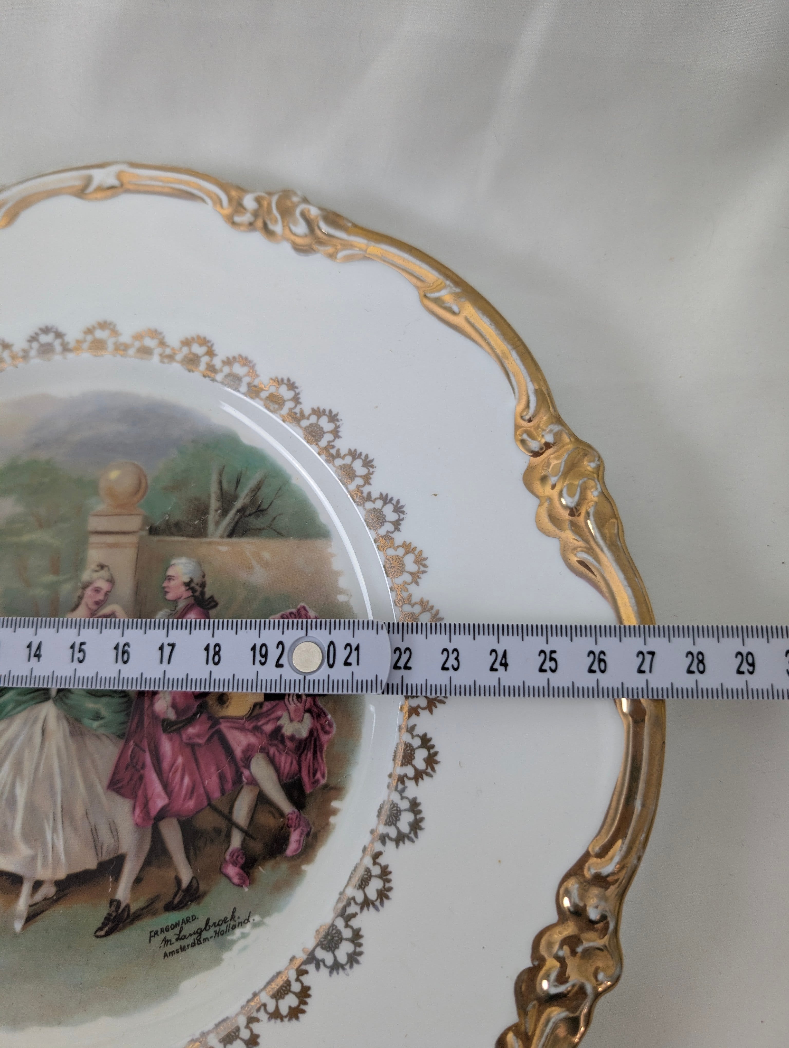 Pair Vintage Regency Bone China Courting Couple Plates Fragonard Rococo Gold Gilt Pierced Rim Cabinet Display Plates, Gilded French