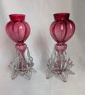 Pair of Antique Victorian Cranberry Glass Vases, c1900 Edwardian Hand Blown Art Glass Bud Vases, Clear Applied Rigaree Footed Decor