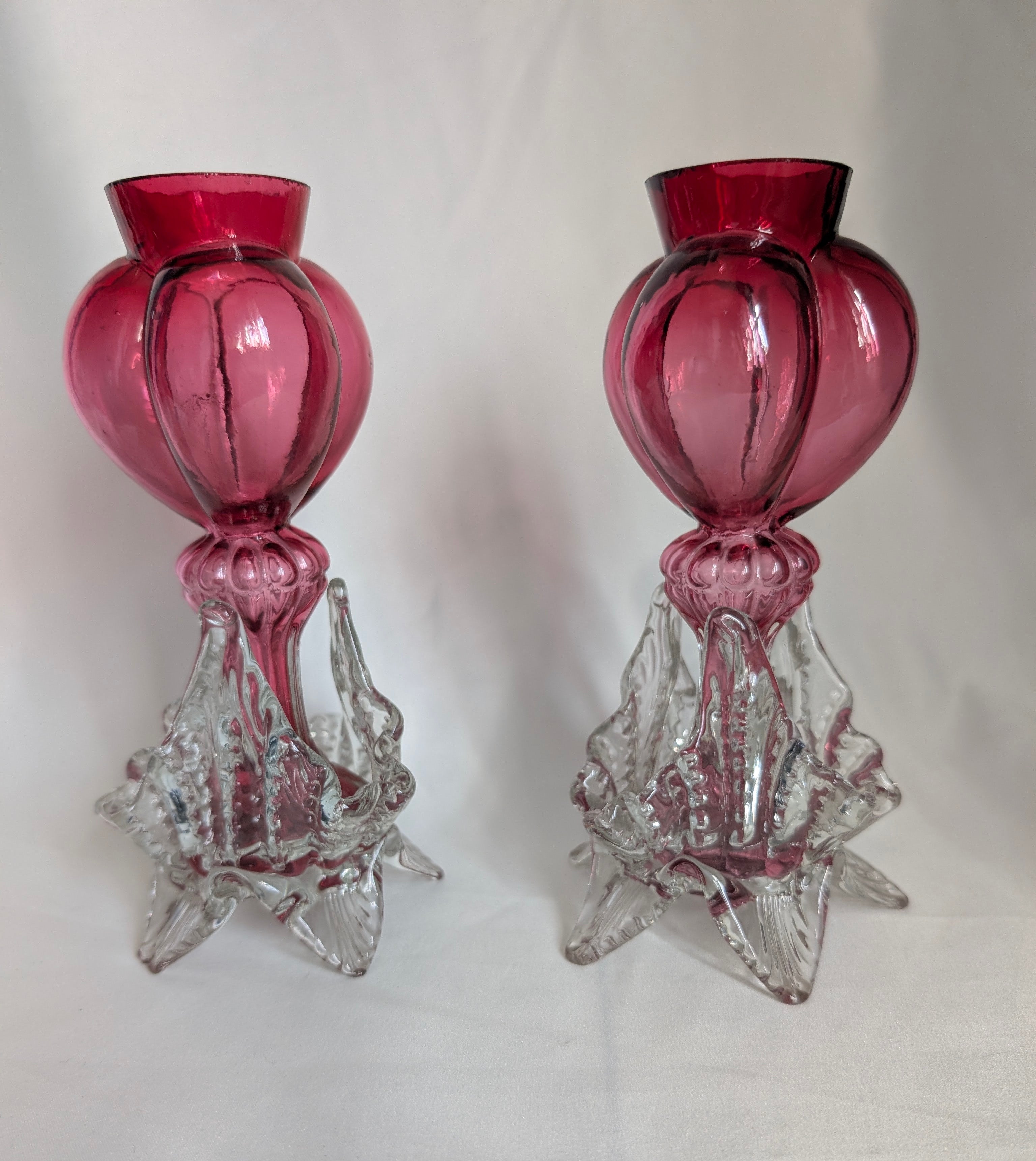Pair of Antique Victorian Cranberry Glass Vases, c1900 Edwardian Hand Blown Art Glass Bud Vases, Clear Applied Rigaree Footed Decor