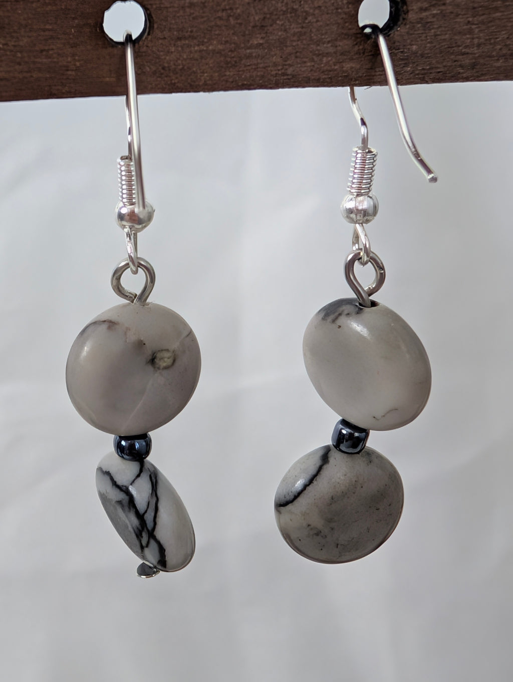 Grey Picasso Jasper Drop Earrings, Handmade Monochrome Veined Stone Dangle Earrings, Minimalist Coin Bead Boho Jewellery, Gift for Her