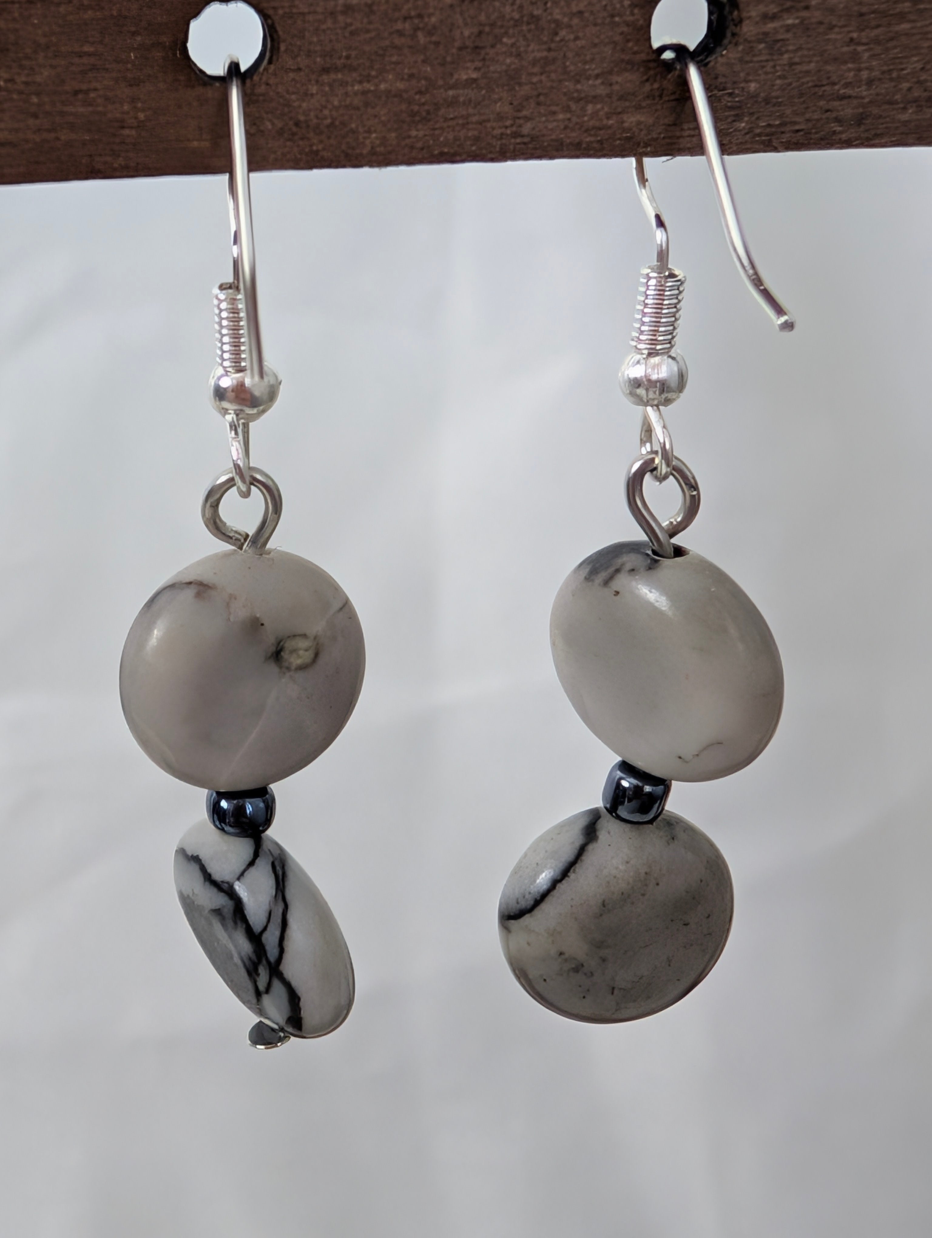 Grey Picasso Jasper Drop Earrings, Handmade Monochrome Veined Stone Dangle Earrings, Minimalist Coin Bead Boho Jewellery, Gift for Her