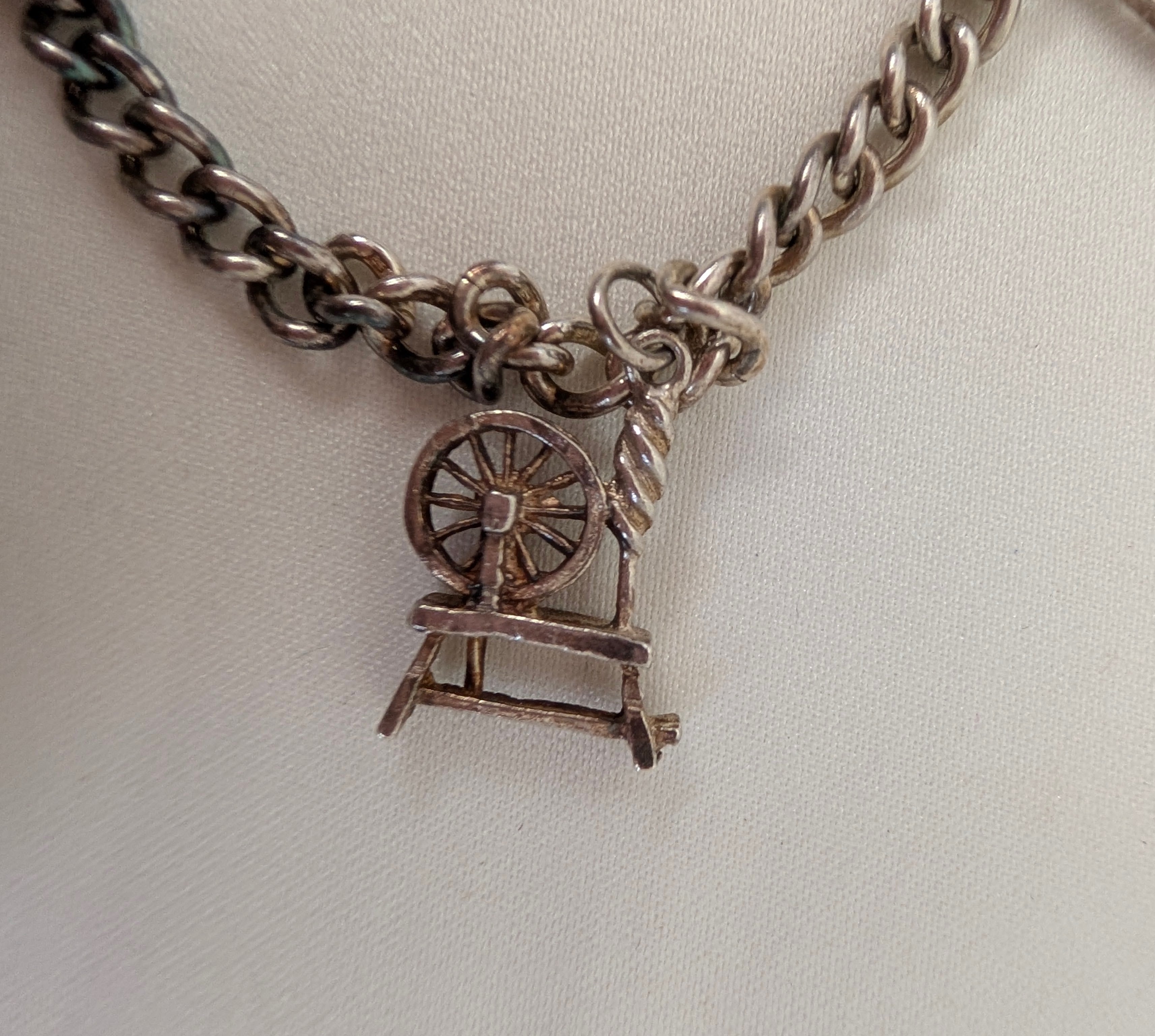 Vintage Sterling Silver Charm Bracelet Heart Padlock Clasp, 5 Silver Charms Elephant Rocking Chair Abacus Spinning Wheel Clogs, 925 Curb Link
