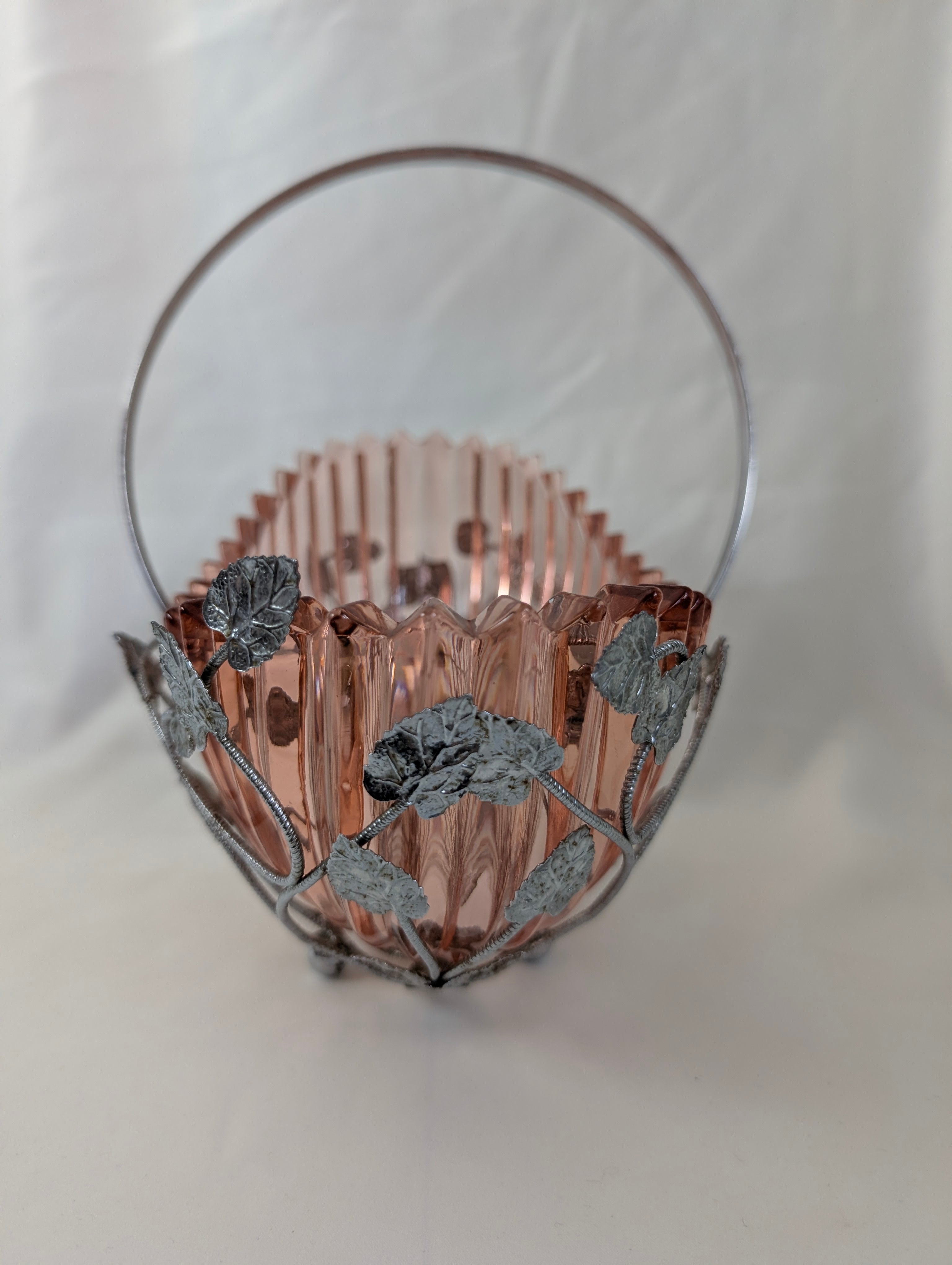 Vintage Pink Glass Basket Bowl with Chrome Handle, Art Deco Ribbed Centerpiece Dish, Wirework Vine Filigree Fruit Bonbon Dish 1930s Decor