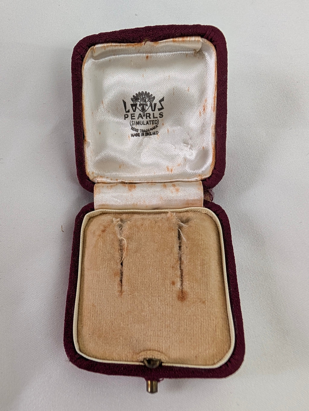 Antique Lotus Pearls Jewellery Box, Vintage 1930s Burgundy Earring Box, English Presentation Case, Push Button Clasp
